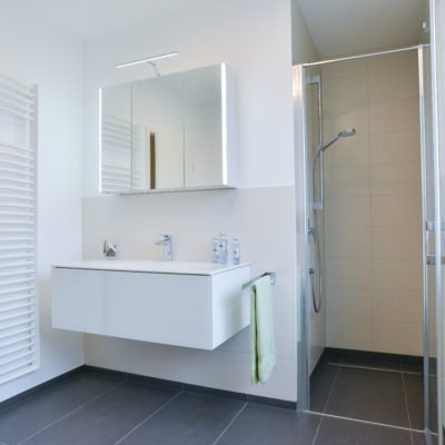 Badezimmer-Fokus-bodengleiche-Dusche-Waschbecken-Spiegelschrank